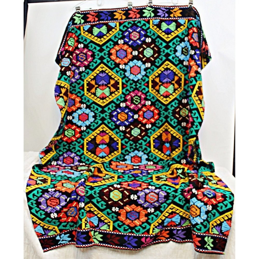 South American Embroidered Throw Blanket Colorful Geometric Native Twin 74 x 56"